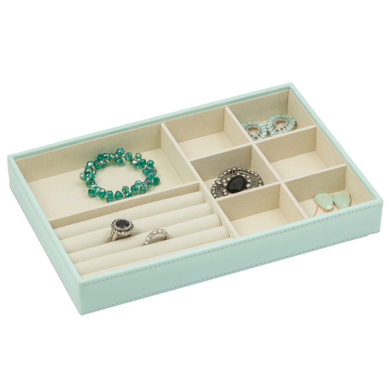8 Piece Light Green Leather Jewelry Tray With Ring Holder At Home