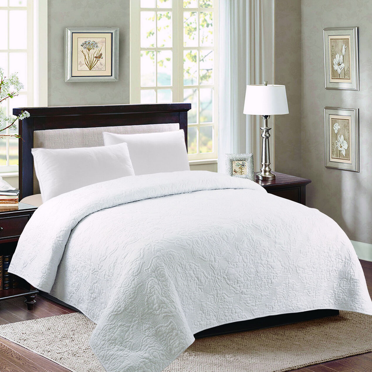 Grace White Damask Coverlet Full/Queen At Home