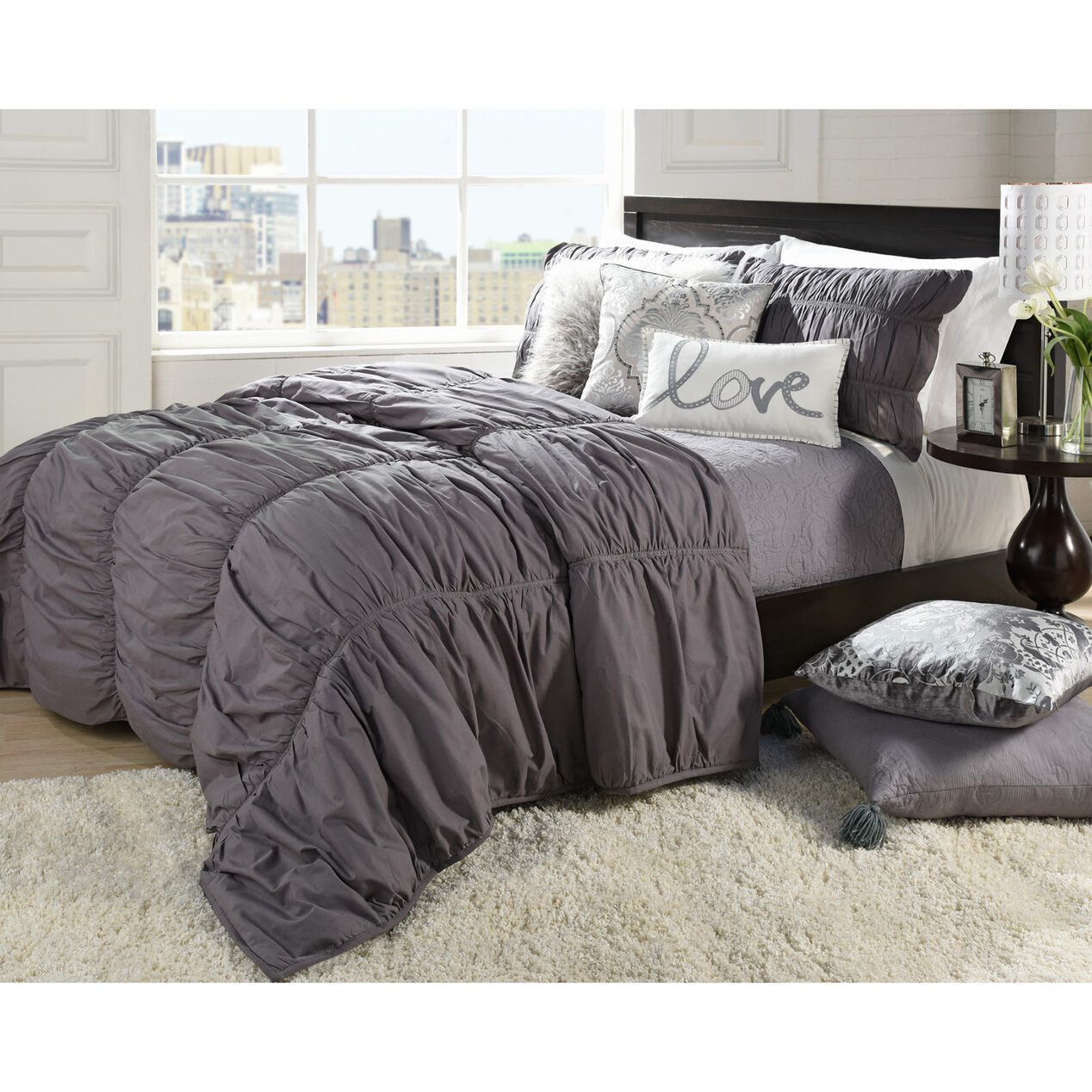 Grace Gray Damask Coverlet Full/Queen At Home