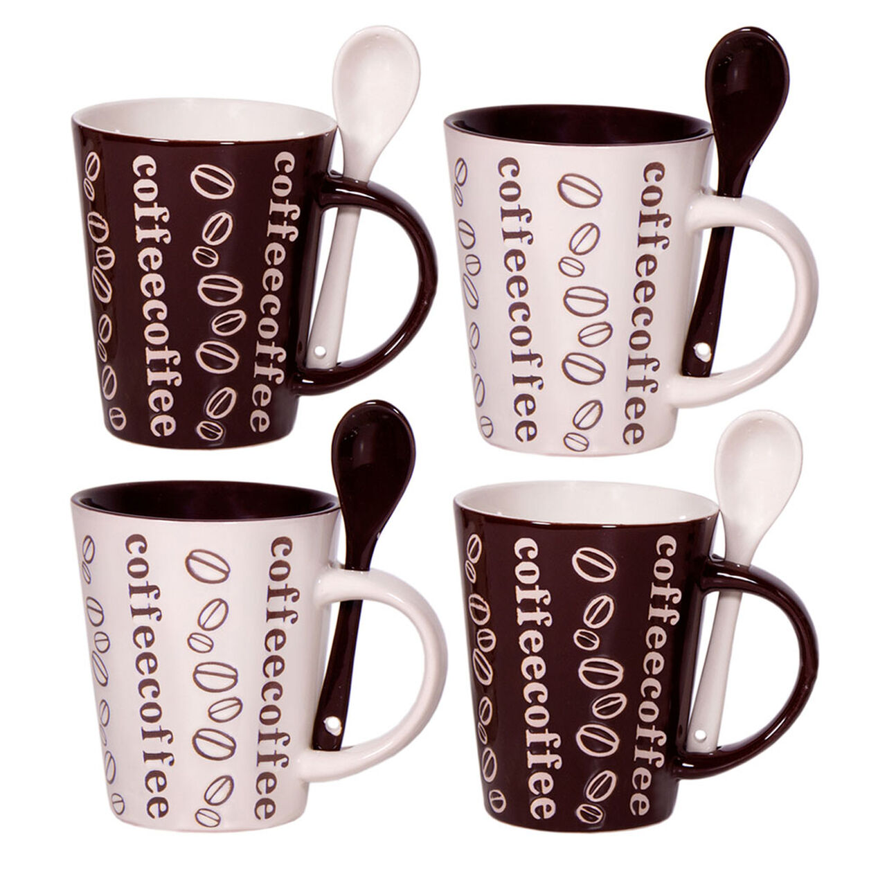 Brown & Cream Coffee Mugs with Spoons, Set of 4 At Home
