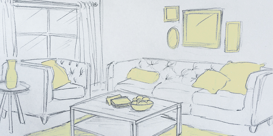 Drawing of living room highlighting accent peices that can be easily updated