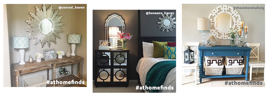 #athomefinds entries from @conrad_haven, @haneens_haven and @thesisterstudioig highlighting easy accent peices they picked up At Home