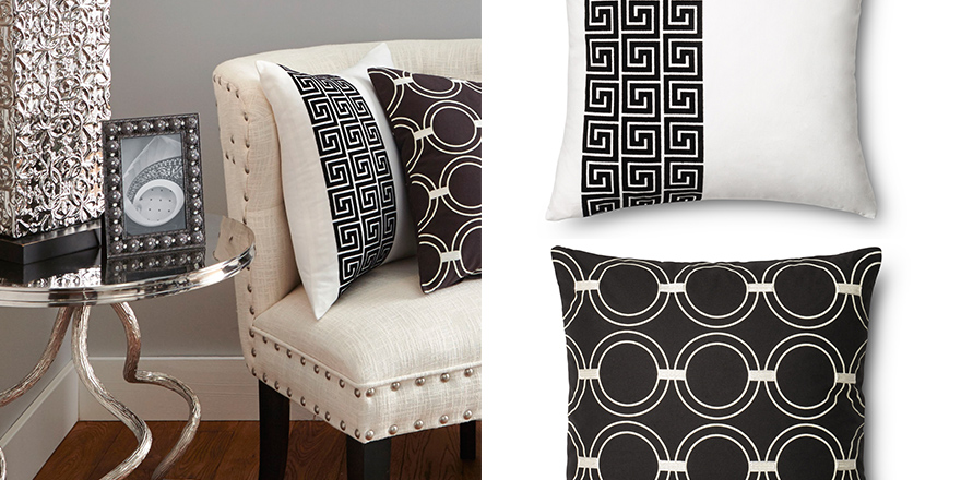 Black and white patterns in pillows and decor