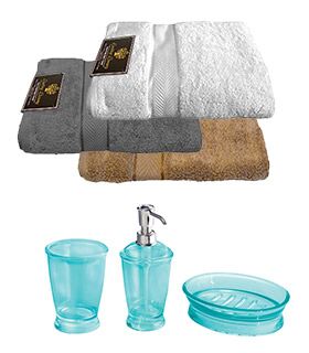Neutral towels and clear acrylic bath set
