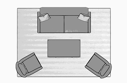 Diagram on how to set up a rug in a living room setting