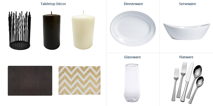 Black and netural candles, candleholders, placemats, white dinnerware and clear glassware