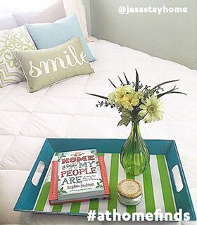 @jessstayhome, #athomefinds, Bedding with colorful tray of flowers and books