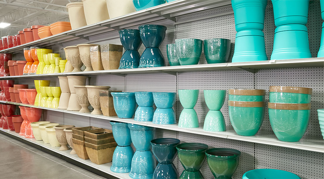 At Home store aisle with assorted pots and planters